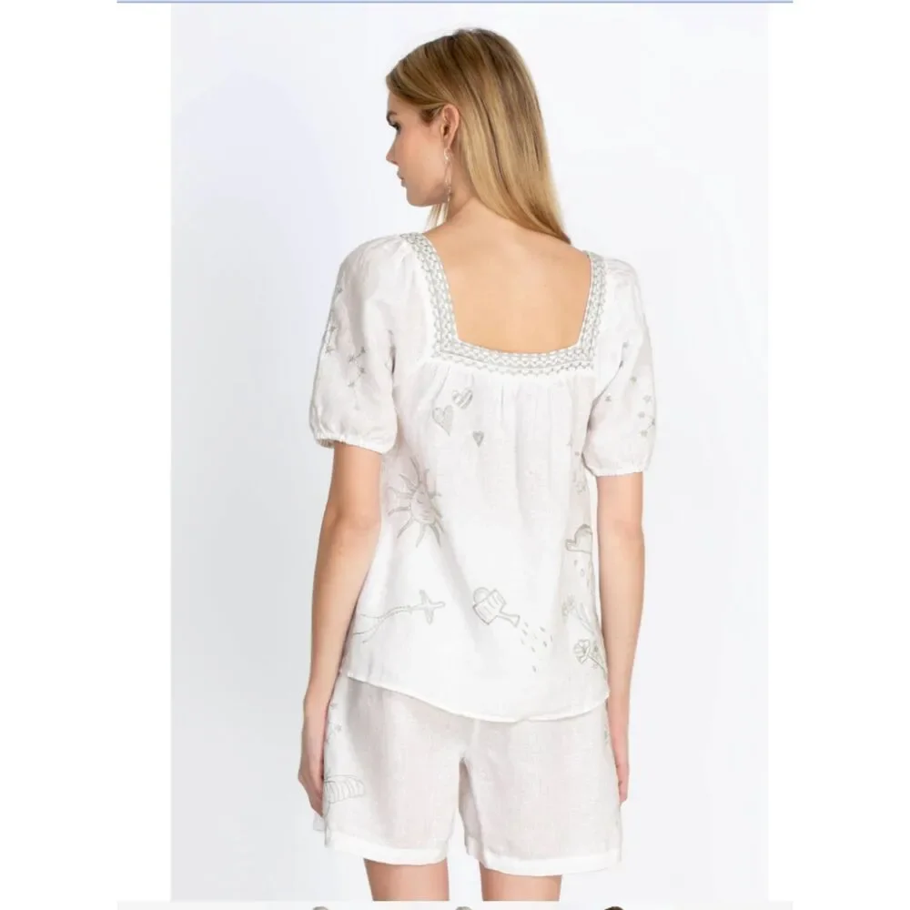 Johnny Was Sovanna Wander Embroidered Linen Top White Square Neck Blouse